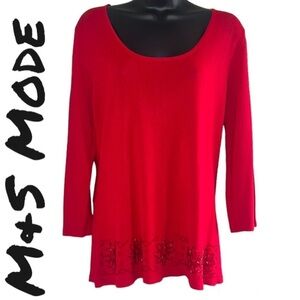 M&S Mode Hot Red Floral Sequins Detailed Light Knit Sweater Top Size M